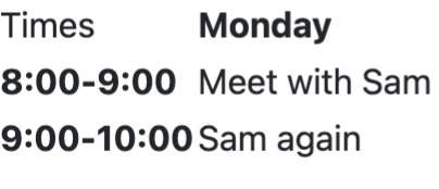 Browser view of a table