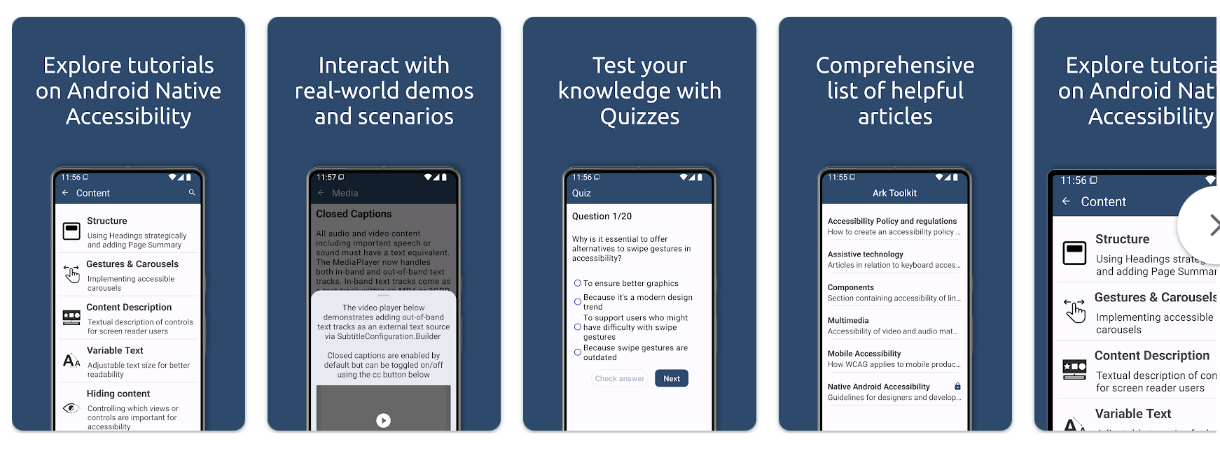 Montage of images displaying sections of A11yDroid app on Google Play store