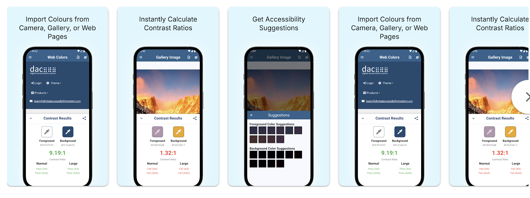 Montage of colour contrast analyser images as shown on Google Play store