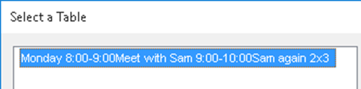 Jaws view showing select a table view dialogue